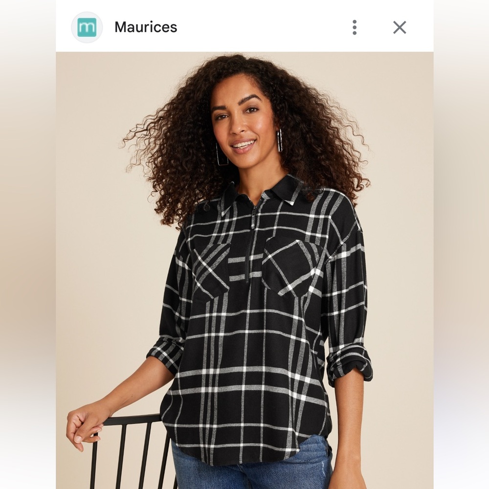 Maurices Cabin Plaid Half Zip Tunic Length Flannel Black and White